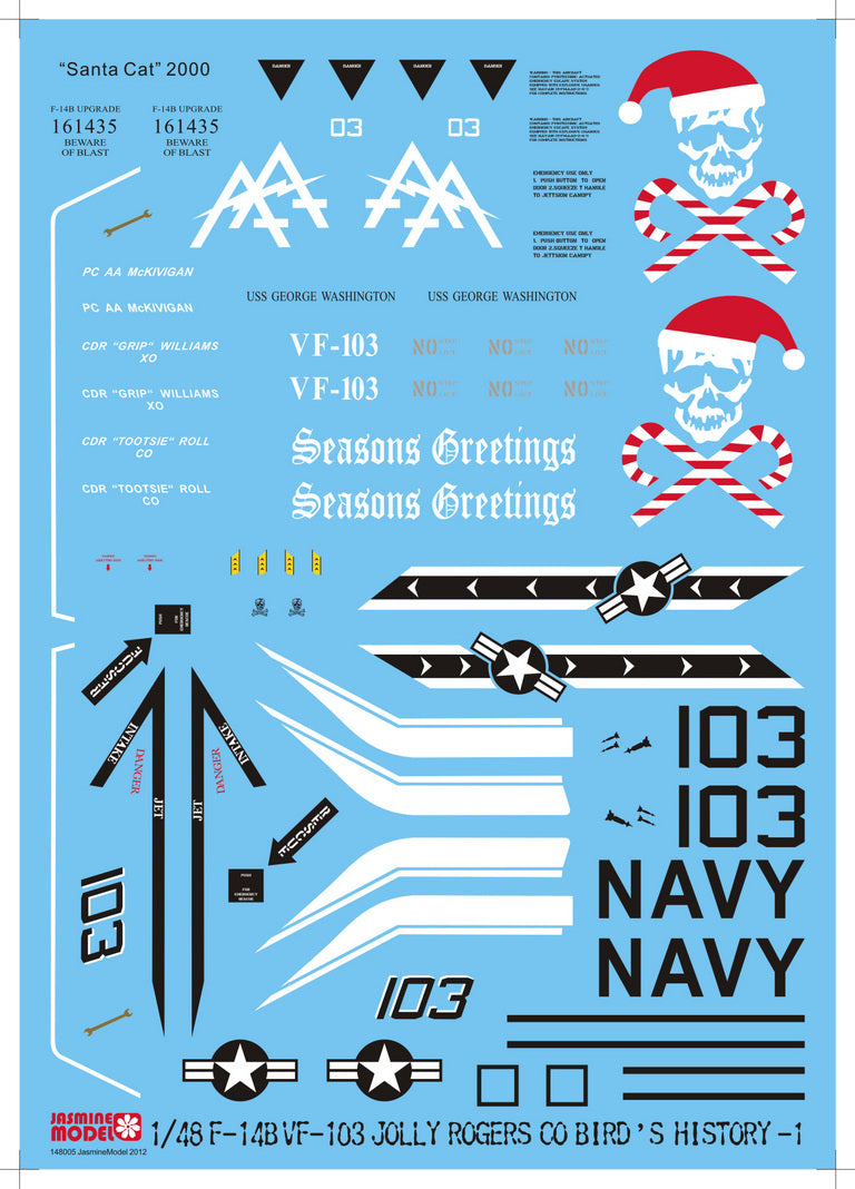 148005 Model Decals for 1/48 US Navy F-14B Tomcat VF-103 Jolly Rogers Santa Cat 2000