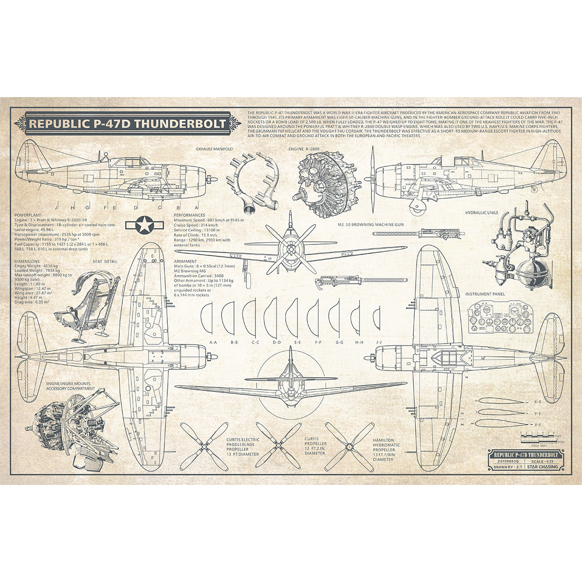 ZS110083Q WWII Military Aviation Art Print Republic P-47D Thunderbolt Blueprint Drawing (Color Fading)
