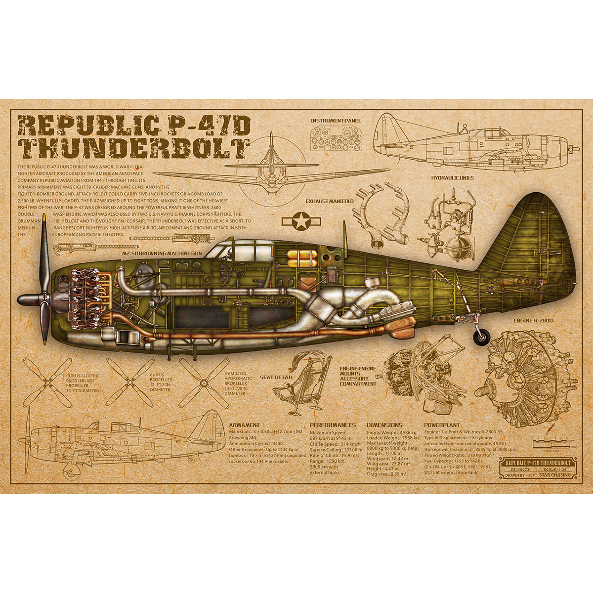 ZS110073 WWII Military Aviation Art Print Republic P-47D Thunderbolt Cutaway Drawing