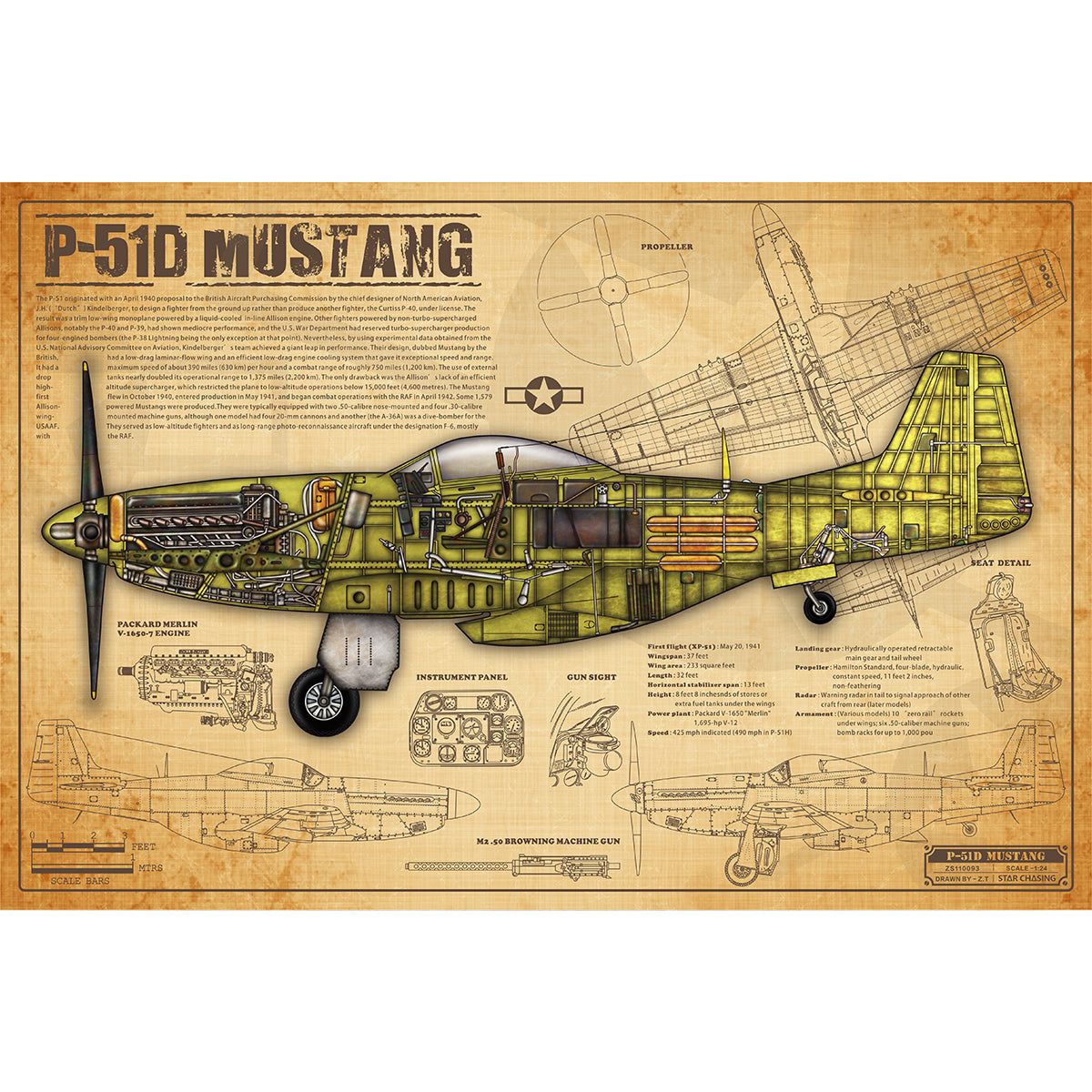 ZS110093 WWII Military Aviation Art Print P-51D Mustang Cutaway Drawing