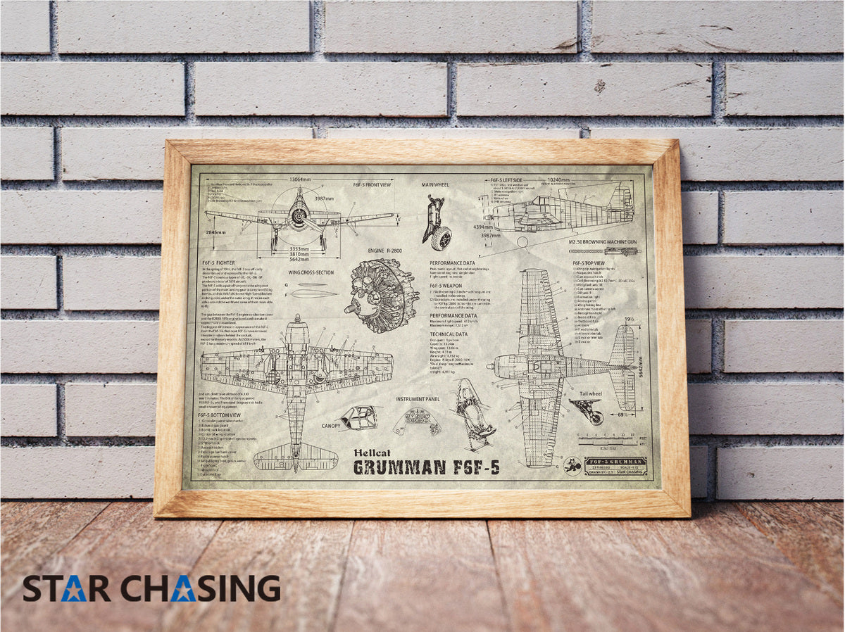 ZS110033Q WWII Military Aviation Art Print GRUMMAN F6F-5 Hellcat Blueprint Drawing (Color Fading)