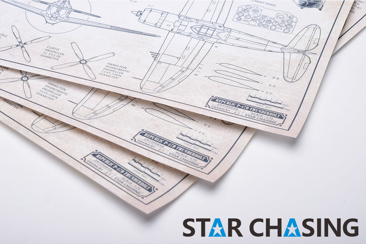 ZS110083Q WWII Military Aviation Art Print Republic P-47D Thunderbolt Blueprint Drawing (Color Fading)