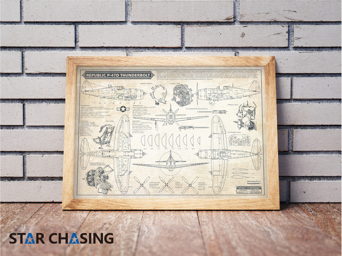 ZS110083Q WWII Military Aviation Art Print Republic P-47D Thunderbolt Blueprint Drawing (Color Fading)