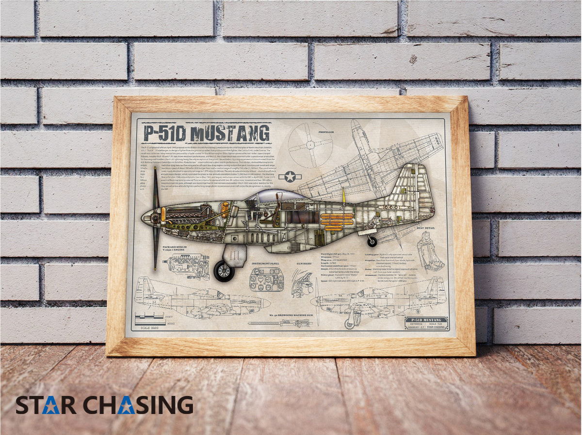 ZS110093Q WWII Military Aviation Art Print P-51D Mustang Cutaway Drawing (Color Fading)