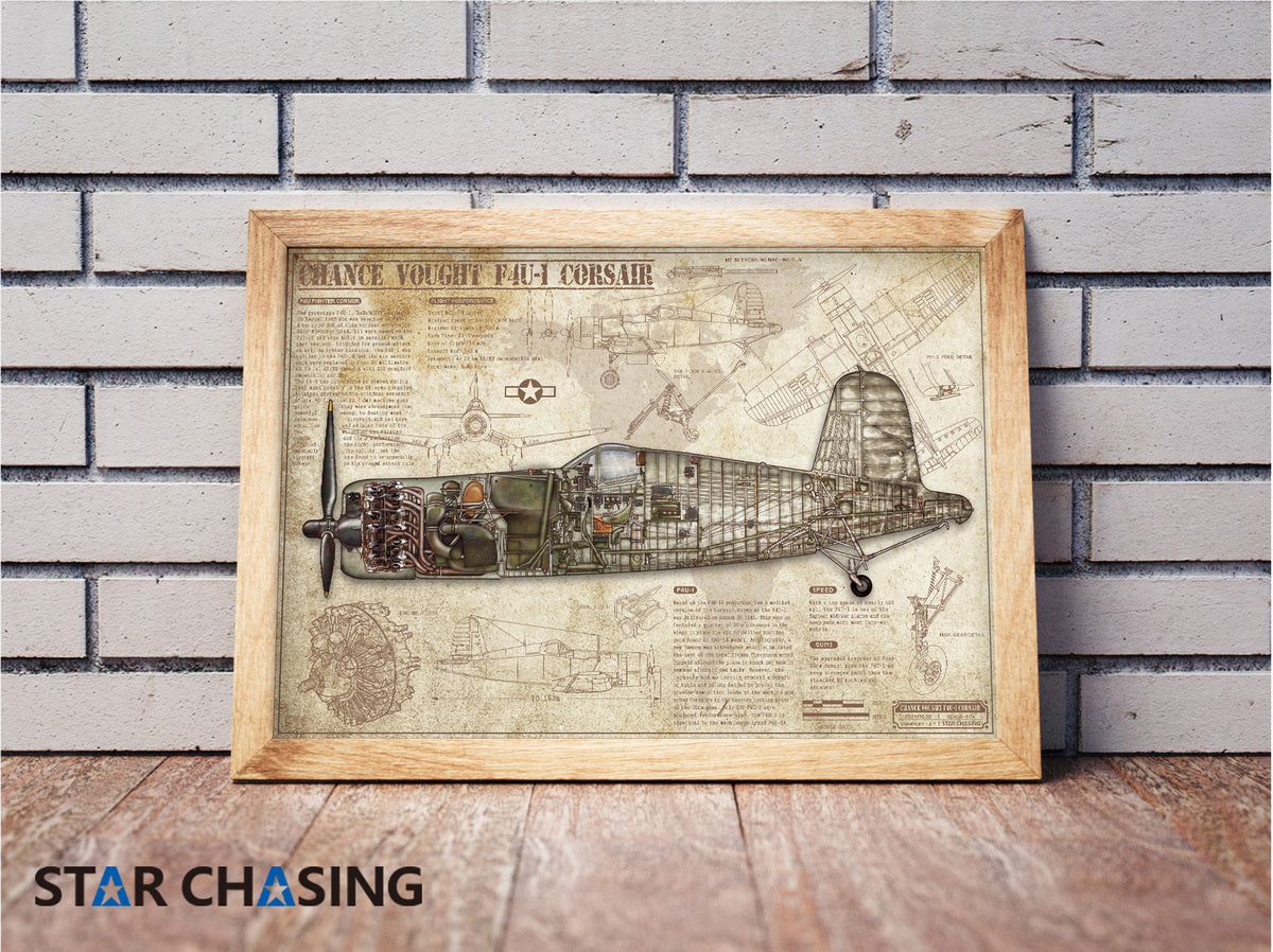 ZS110053Q WWII Military Aviation Art Print Chance Vought F4U-1 Corsair Cutaway Drawing (Color Fading)