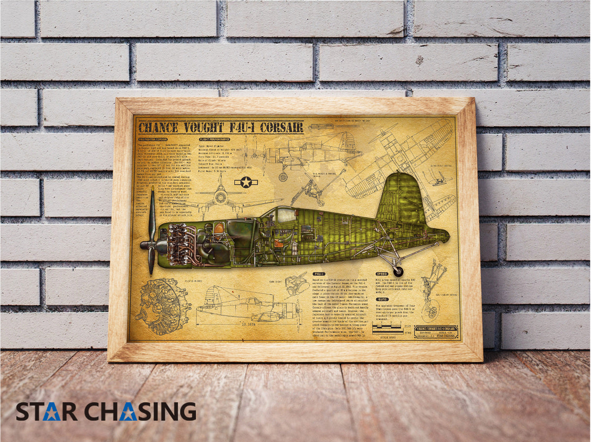 ZS110053 WWII Military Aviation Art Print Chance Vought F4U-1 Corsair Cutaway Drawing