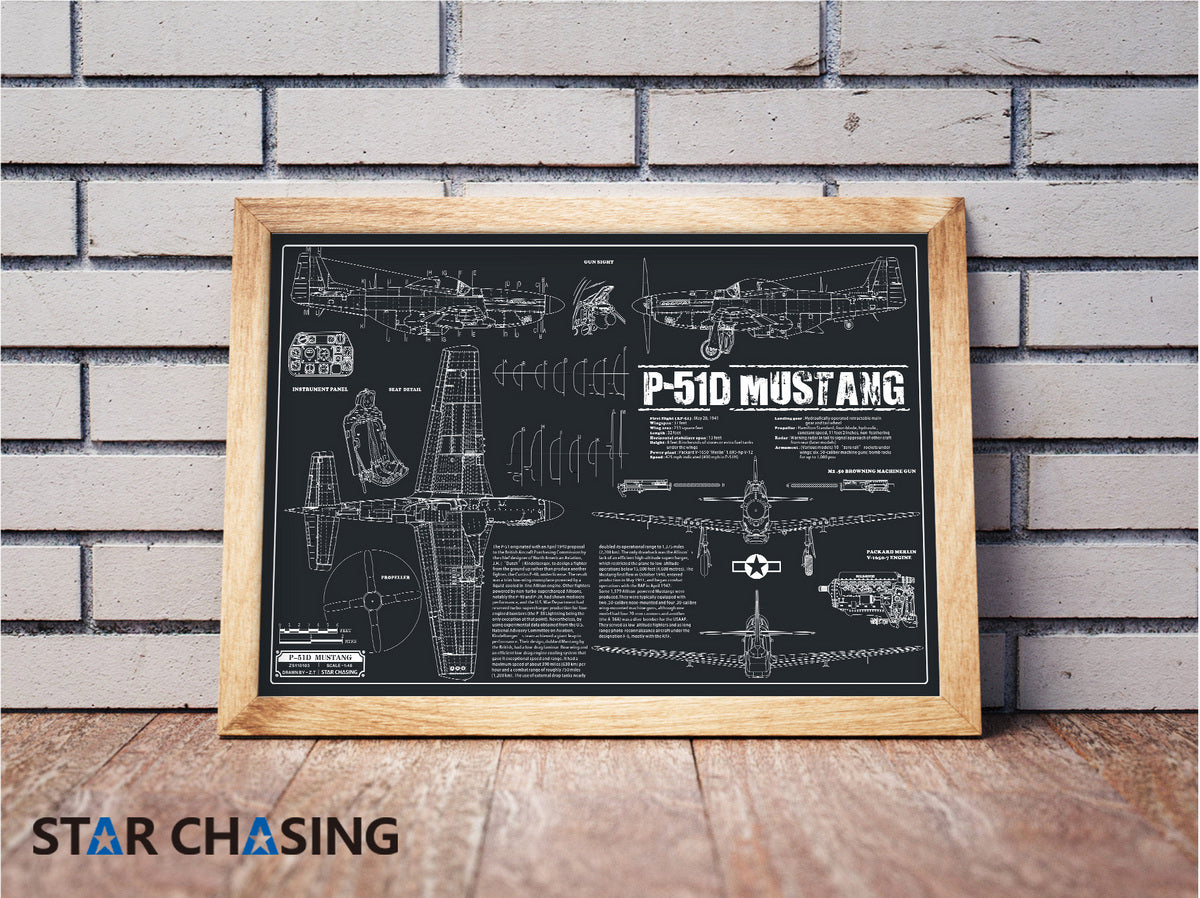 ZS110103 WWII Military Aviation Art Print P-51D Mustang Blueprint Drawing