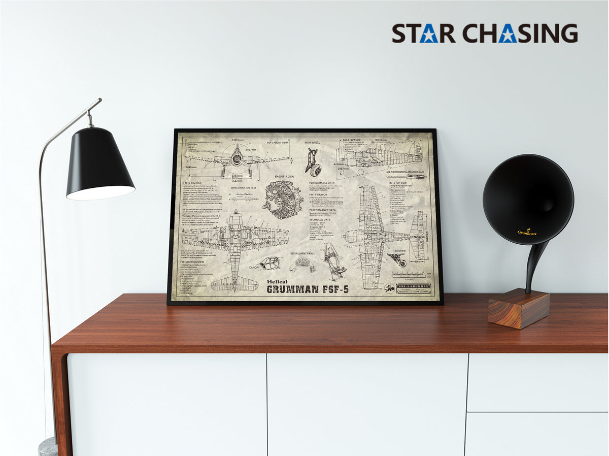 ZS110033Q WWII Military Aviation Art Print GRUMMAN F6F-5 Hellcat Blueprint Drawing (Color Fading)