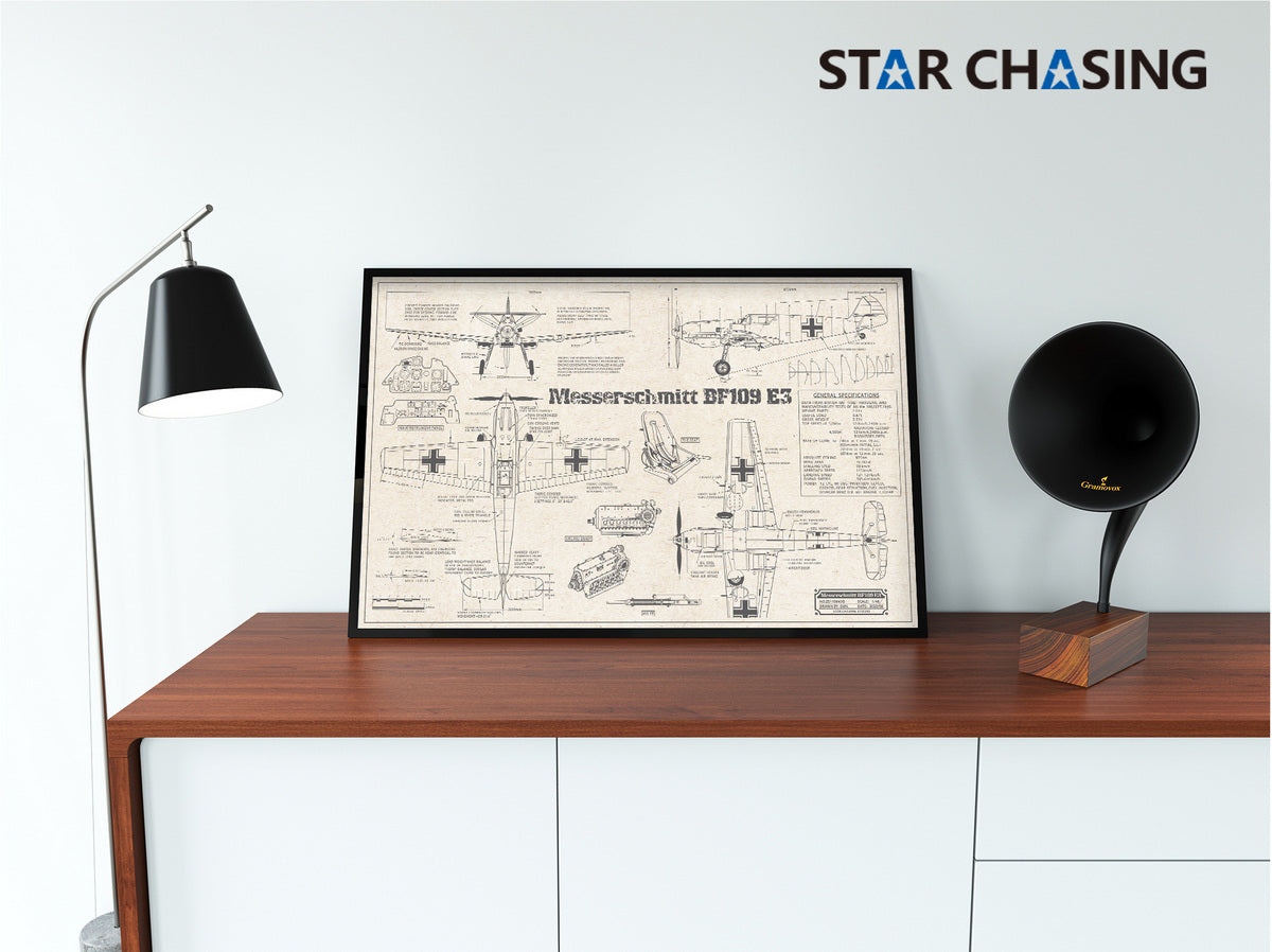 ZS110043Q WWII Military Aviation Art Print Bf 109E-3 Blueprint Drawing (Color Fading)