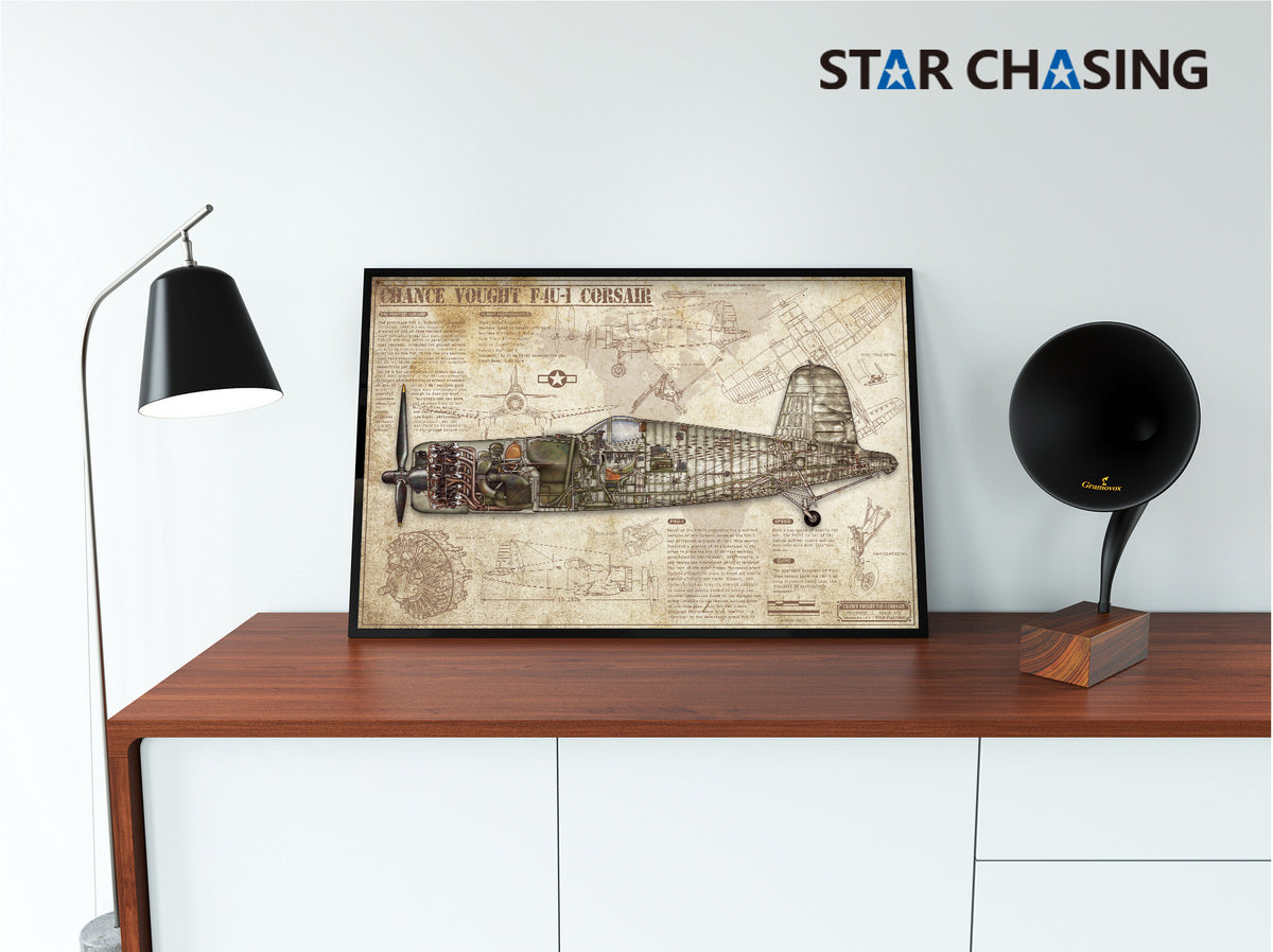 ZS110053Q WWII Military Aviation Art Print Chance Vought F4U-1 Corsair Cutaway Drawing (Color Fading)