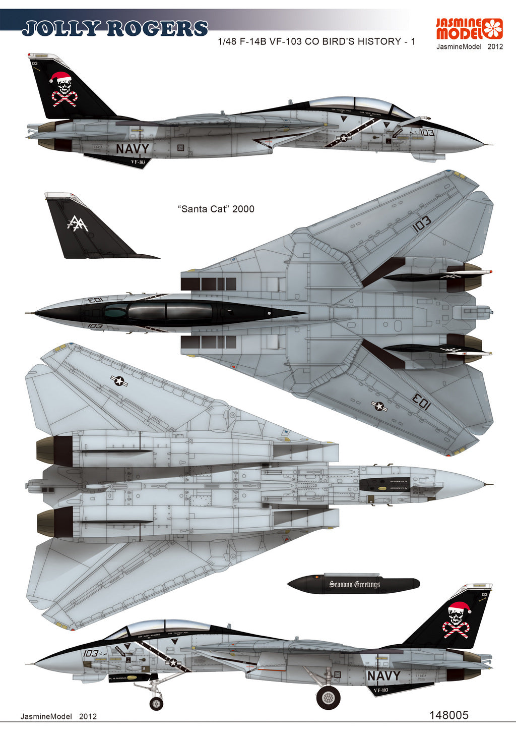 148005 Model Decals for 1/48 US Navy F-14B Tomcat VF-103 Jolly Rogers Santa Cat 2000