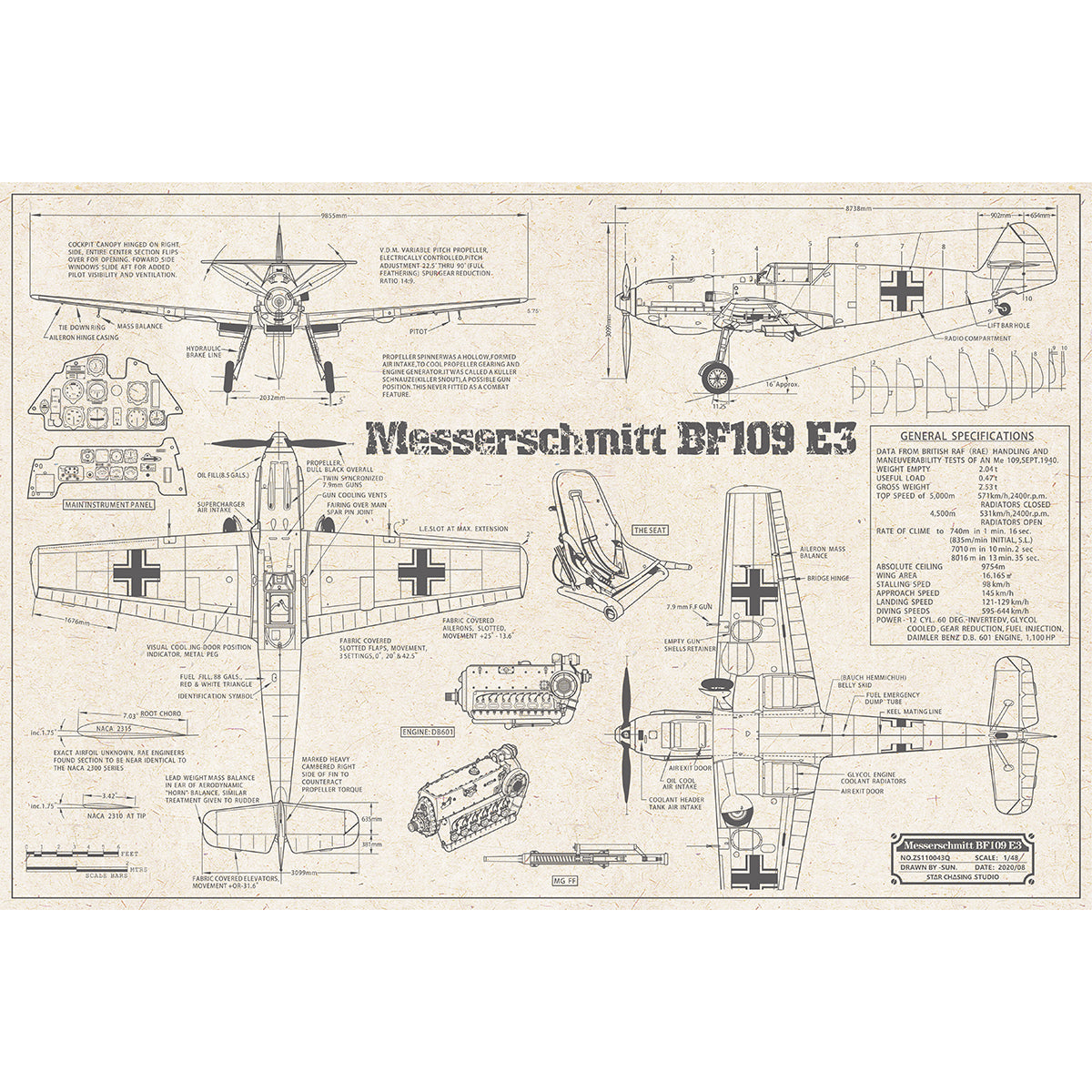 ZS110043Q WWII Military Aviation Art Print Bf 109E-3 Blueprint Drawing (Color Fading)