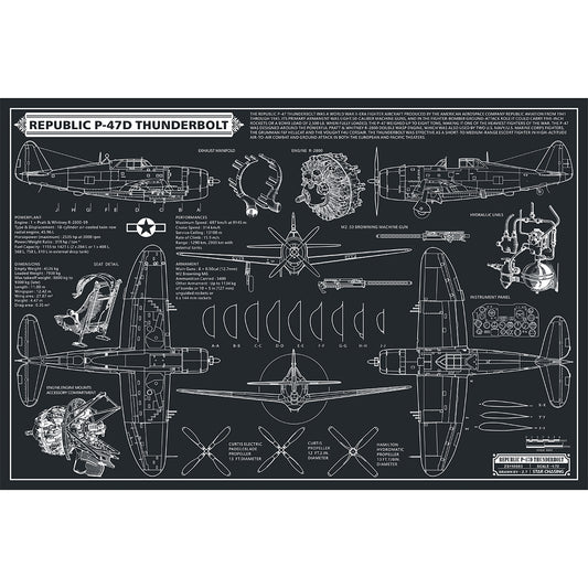ZS110083 WWII Military Aviation Art Print Republic P-47D Thunderbolt Blueprint Drawing