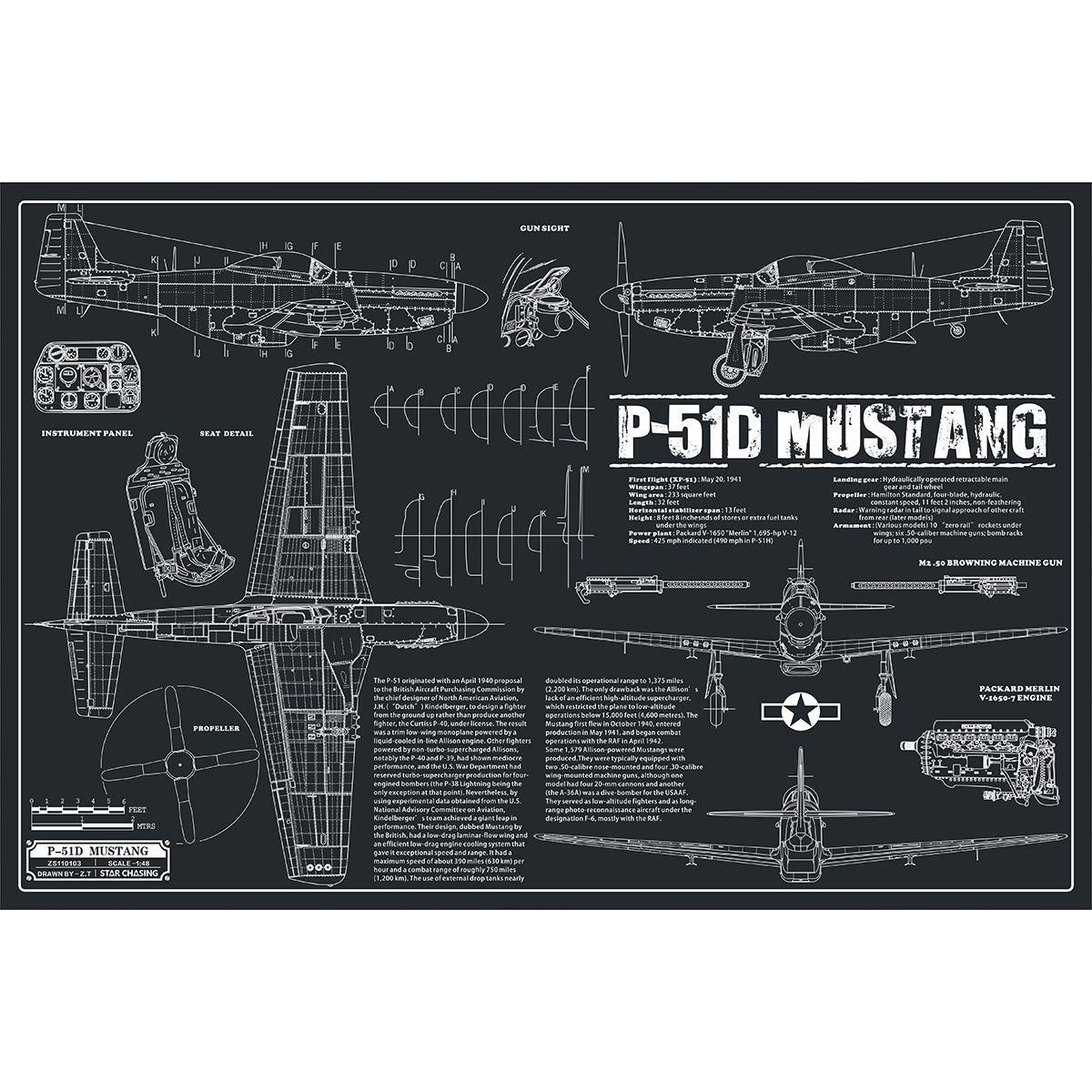 ZS110103 WWII Military Aviation Art Print P-51D Mustang Blueprint Drawing
