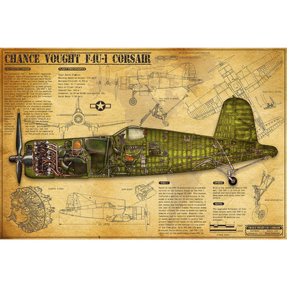 ZS110053 WWII Military Aviation Art Print Chance Vought F4U-1 Corsair Cutaway Drawing