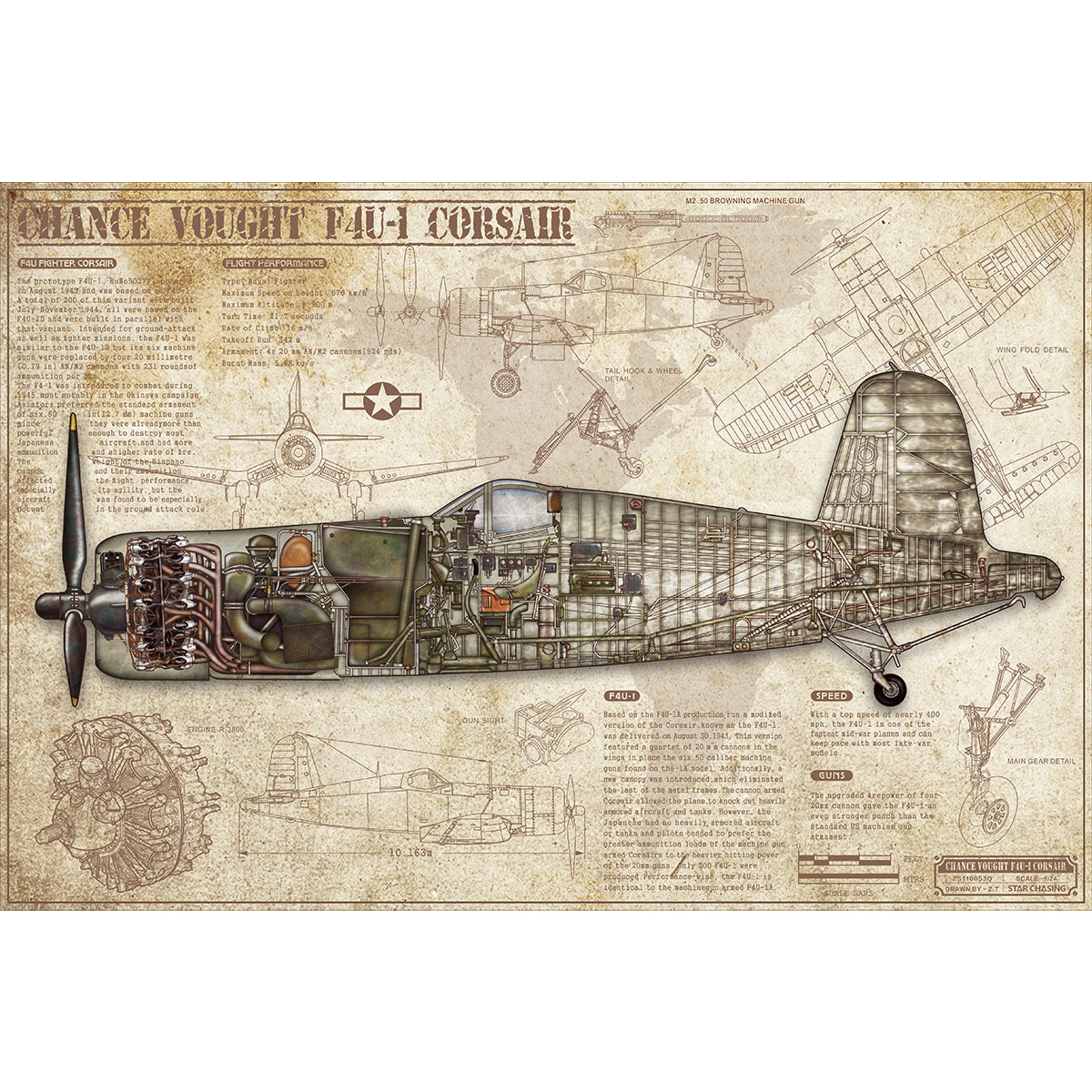 ZS110053Q WWII Military Aviation Art Print Chance Vought F4U-1 Corsair Cutaway Drawing (Color Fading)