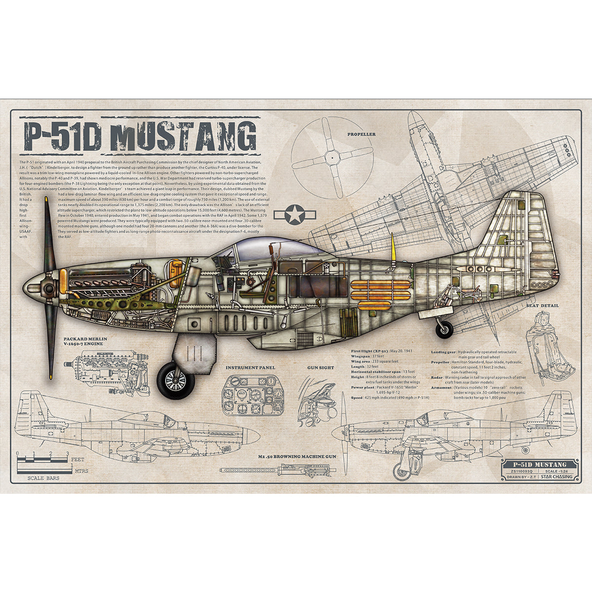 ZS110093Q WWII Military Aviation Art Print P-51D Mustang Cutaway Drawing (Color Fading)