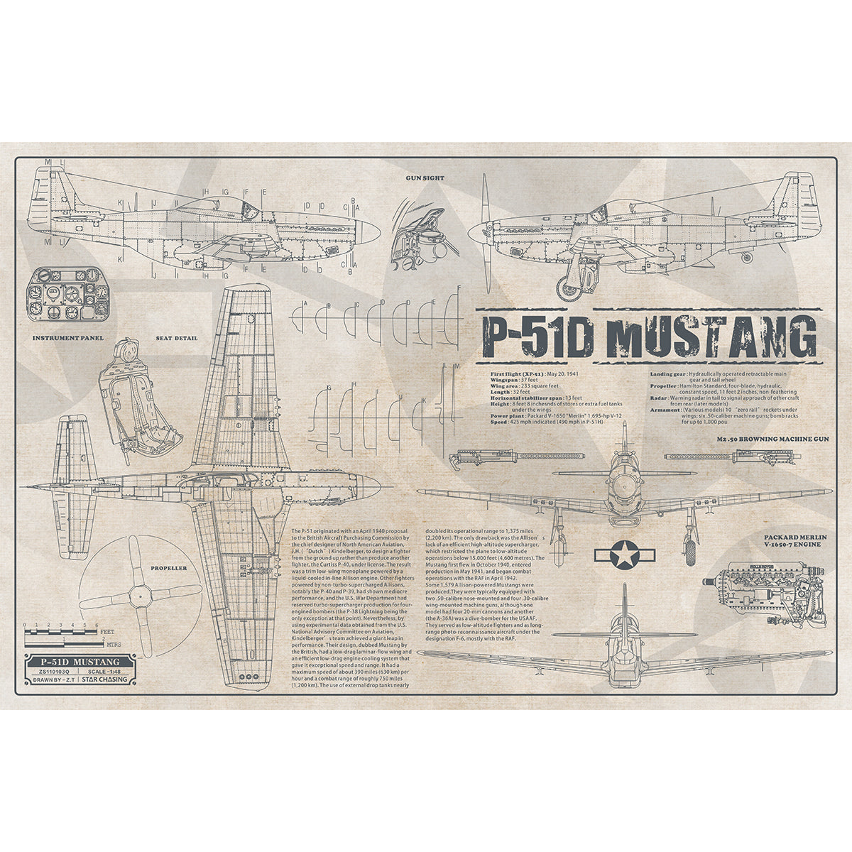 ZS110103Q WWII Military Aviation Art Print P-51D Mustang Blueprint Drawing (Color Fading)