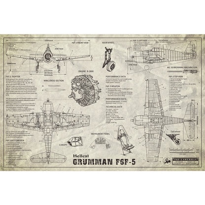 ZS110033Q WWII Military Aviation Art Print GRUMMAN F6F-5 Hellcat Blueprint Drawing (Color Fading)
