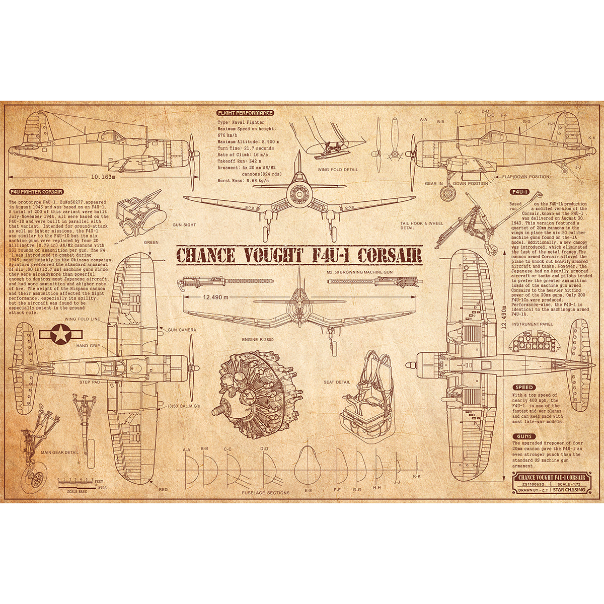 ZS110063Q WWII Military Aviation Art Print Chance Vought F4U-1 Corsair Blueprint Drawing (Color Fading)