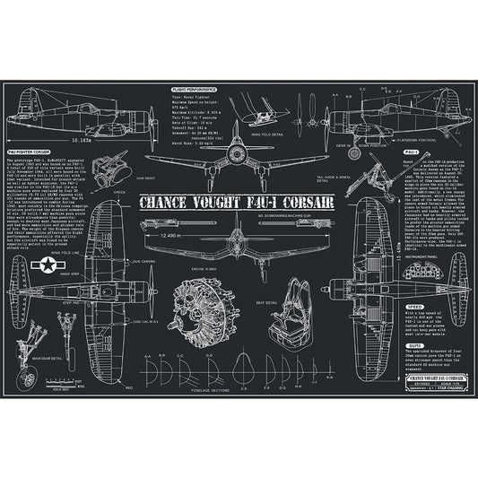 ZS110063 WWII Military Aviation Art Print Chance Vought F4U-1 Corsair Blueprint Drawing
