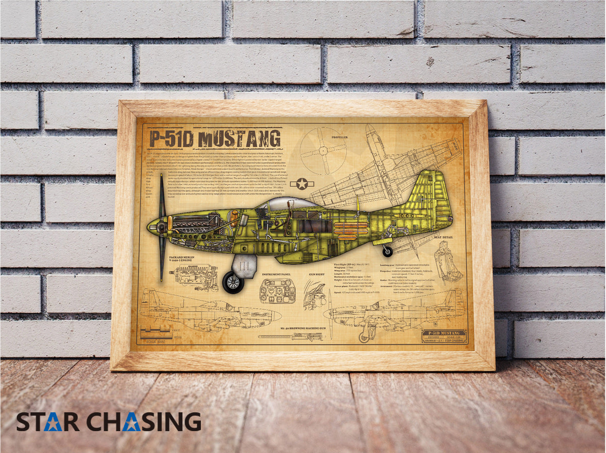 ZS110093 WWII Military Aviation Art Print P-51D Mustang Cutaway Drawing