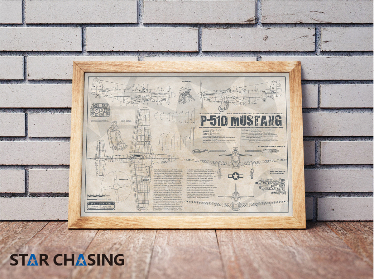 ZS110103Q WWII Military Aviation Art Print P-51D Mustang Blueprint Drawing (Color Fading)