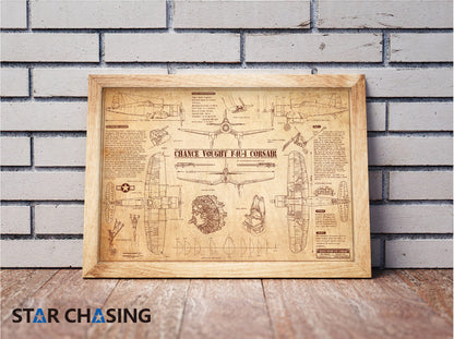 ZS110063Q WWII Military Aviation Art Print Chance Vought F4U-1 Corsair Blueprint Drawing (Color Fading)