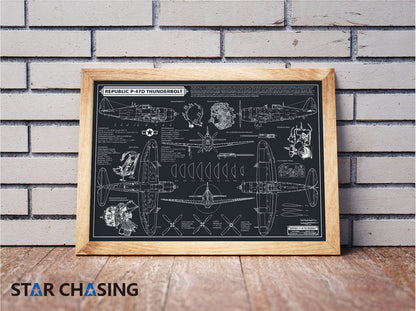 ZS110083 WWII Military Aviation Art Print Republic P-47D Thunderbolt Blueprint Drawing