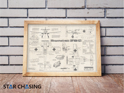 ZS110043Q WWII Military Aviation Art Print Bf 109E-3 Blueprint Drawing (Color Fading)