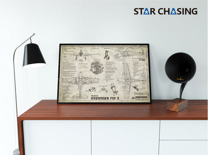 ZS110033Q WWII Military Aviation Art Print GRUMMAN F6F-5 Hellcat Blueprint Drawing (Color Fading)