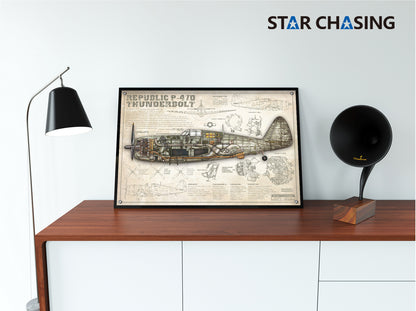 ZS110073Q WWII Military Aviation Art Print Republic P-47D Thunderbolt Cutaway Drawing (Color Fading)