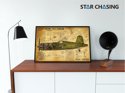 ZS110053 WWII Military Aviation Art Print Chance Vought F4U-1 Corsair Cutaway Drawing
