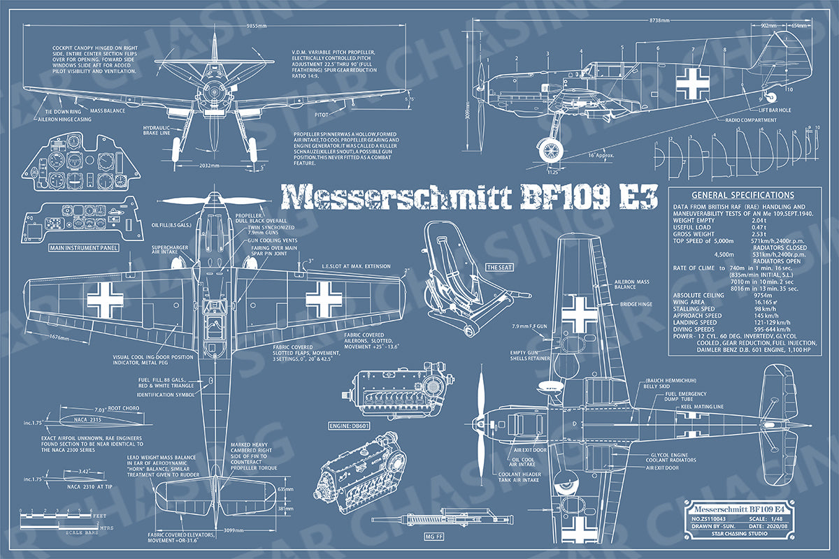 ZS110043 WWII Military Aviation Art Print Bf 109E-3 Blueprint Drawing