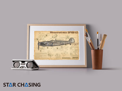 ZS110023 WWII Military Aviation Art Print Bf 109E-3 Cutaway Drawing