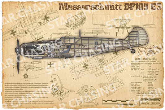 ZS110023 WWII Military Aviation Art Print Bf 109E-3 Cutaway Drawing