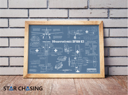 ZS110043 WWII Military Aviation Art Print Bf 109E-3 Blueprint Drawing