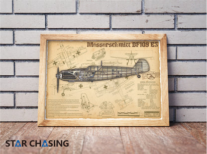 ZS110023 WWII Military Aviation Art Print Bf 109E-3 Cutaway Drawing