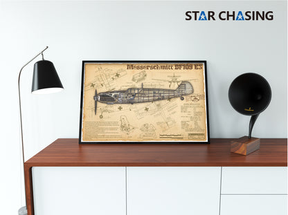 ZS110023 WWII Military Aviation Art Print Bf 109E-3 Cutaway Drawing