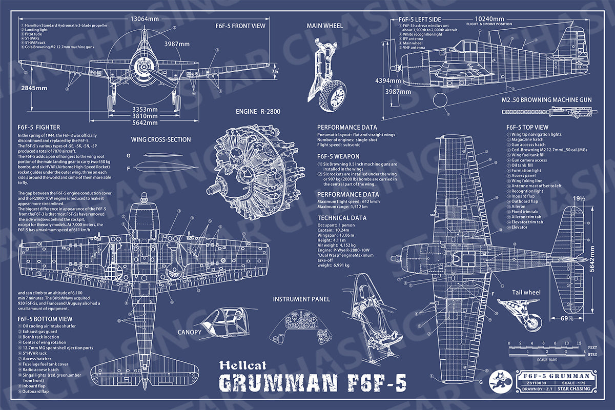ZS110033 WWII Military Aviation Art Print GRUMMAN F6F-5 Hellcat Blueprint Drawing