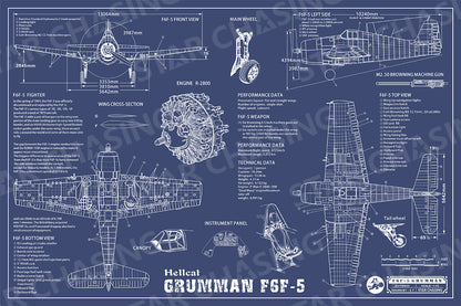 ZS110033 WWII Military Aviation Art Print GRUMMAN F6F-5 Hellcat Blueprint Drawing