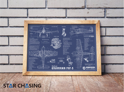 ZS110033 WWII Military Aviation Art Print GRUMMAN F6F-5 Hellcat Blueprint Drawing