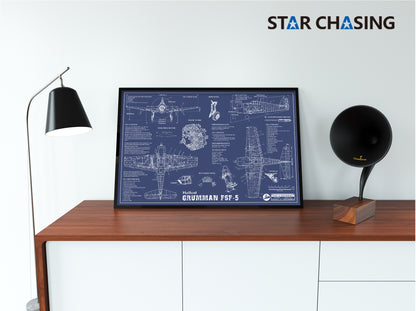 ZS110033 WWII Military Aviation Art Print GRUMMAN F6F-5 Hellcat Blueprint Drawing