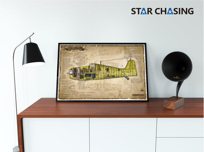 ZS110013 WWII Military Aviation Art Print GRUMMAN F6F-5 Hellcat Cutaway Drawing